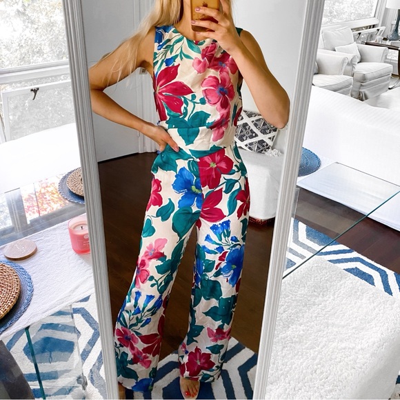 🌺 ZARA BOHO GREEN PINK MULTI SATIN WIDE LEG JUMPSUIT! - Picture 5 of 16